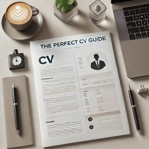 A sleek resume on a clean desk with a laptop, pen, and coffee cup, representing a professional CV guide.